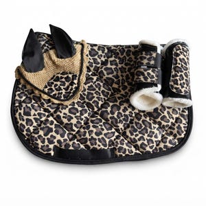 Tan Leopard Matchy Set | Saddle Pad FlyVeil Horse Boots
