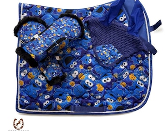 Blue Cartoon Cookie Horse Saddle Pad Set with Boots and Ear Bonnet