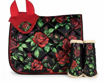 Dark Rose Floral Dressage Saddle Pad Set Matchy Fly Veil Horse Boots