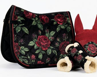 Dark Rose Floral Dressage Saddle Pad Set Matchy Fly Veil Horse Boots