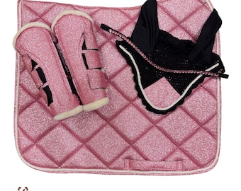 Pink Glitter Horse Saddle Pad Set: Brushing Boots, Ear Bonnet & Browband
