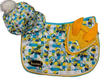 Yellow Cartoon Print Kids Set | Saddle Pad Ear Bonnet Helmet Cover | Fun Horse Tack