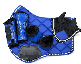 Blue Horse Saddle Pad Set with Matching Ear Bonnet, Bell Boots & Brushing Boots