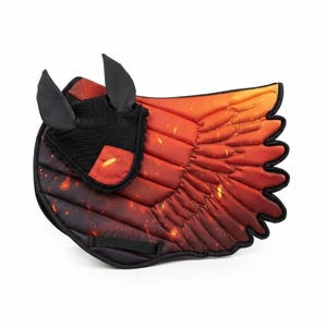 May include: A quilted horse saddle pad and matching ear bonnet set featuring a vibrant flame-inspired gradient pattern in shades of red, orange, and yellow with black trim. The saddle pad is shaped like a large wing with distinct feather-like edges.