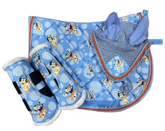 Kids Horse Saddle Pad Set with Fly Veil & Brushing Boots | Cute Pony Tack