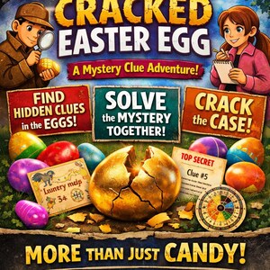 May include: A colorful illustration for an Easter egg hunt game. The title reads "The Case of the Cracked Easter Egg." The image includes clues, a compass, and a cracked golden egg. Text encourages players to find clues and solve the mystery.
