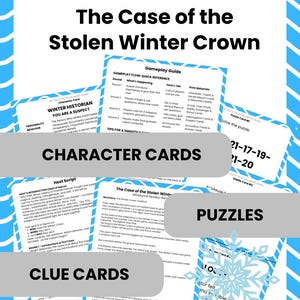 Puede incluir: Un juego de misterio Whodunnit titulado "The Case of the Stolen Winter Crown". La imagen muestra tarjetas de personajes, tarjetas de pistas y tarjetas de rompecabezas. El juego incluye una guía de juego y un guion del anfitrión. El diseño presenta un esquema de color azul y blanco.