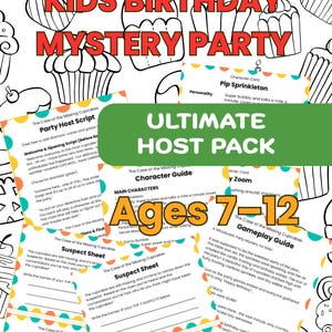 May include: A colorful party game set titled "Kids Birthday Mystery Party" with cupcake illustrations. The pack includes character guides, suspect sheets, and a gameplay guide for ages 7-12. The text is in red, green, and yellow.