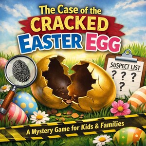 May include: A game box with the title "The Case of the Cracked Easter Egg." The image shows a cracked golden egg, a magnifying glass with a fingerprint, and a suspect list. The game is described as a mystery game for children and families.