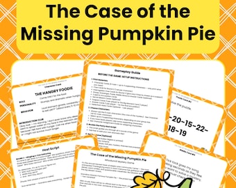 May include: An orange and yellow themed mystery game titled "The Case of the Missing Pumpkin Pie." The game includes printed materials, clue cards, and a pumpkin illustration. The text includes "Whodunnit Mystery Game" and "Gameplay Guide."