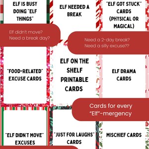 Puede incluir: Un conjunto de tarjetas imprimibles para Elf on the Shelf, con bordes festivos y varias excusas. Las tarjetas incluyen frases como "Elf is busy", "Elf needed a break" y "Mischief Cards".