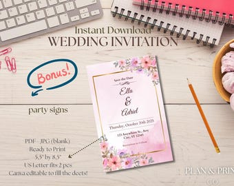 Floral Wedding Invitation Template, Gold Frame, Canva Editable (Digital Download)