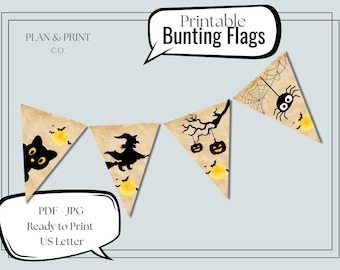 Halloween Bunting Banner: Black Cat, Witch, Pumpkin & Spider (PDF Download)