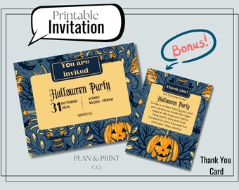 Könnte beinhalten: Druckbares Set aus Halloween-Party-Einladungen und Dankeskarten. Die Einladung hat einen marineblauen Hintergrund mit orangefarbenen und gelben Akzenten, eine Kürbisgrafik und den Text "Halloween Party". Die Dankeskarte hat ein ähnliches Design.