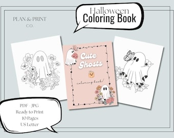 Könnte beinhalten: Ein Halloween-Malbuch mit dem Text "Halloween Coloring Book" in einer Sprechblase. Das Buch zeigt niedliche Geisterillustrationen mit Blumen und Schmetterlingen. Das Buch ist druckfertig und hat 10 Seiten.
