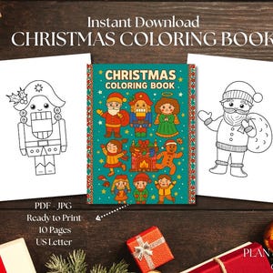 May include: A Christmas coloring book with a teal cover featuring festive illustrations. Two black and white coloring pages are on either side. The text "CHRISTMAS COLORING BOOK" is displayed at the top. The image is ready to print.