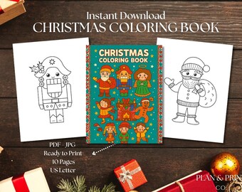 May include: A Christmas coloring book with a teal cover featuring festive illustrations. Two black and white coloring pages are on either side. The text "CHRISTMAS COLORING BOOK" is displayed at the top. The image is ready to print.
