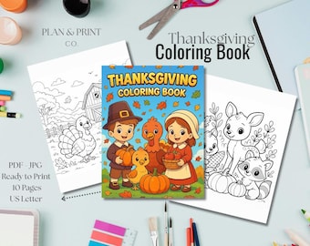 May include: A Thanksgiving coloring book with a colorful cover featuring cartoon children, a turkey, and pumpkins. The book is surrounded by black and white coloring pages with Thanksgiving themes. The text "Thanksgiving Coloring Book" is visible.