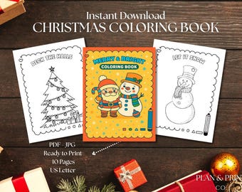 Może przedstawiać: Kolorowanka świąteczna z napisem "Instant Download CHRISTMAS COLORING BOOK". Książka zawiera strony z rysunkami linii choinki, Świętego Mikołaja i bałwana. Książka jest gotowa do druku i zawiera 10 stron.