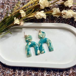 Marbled Blue and Cream Polymer Clay Arch Earrings | Statement U-Shaped Earrings | Lightweight Handmade Jewelry | Hypoallergenic Boho Earring