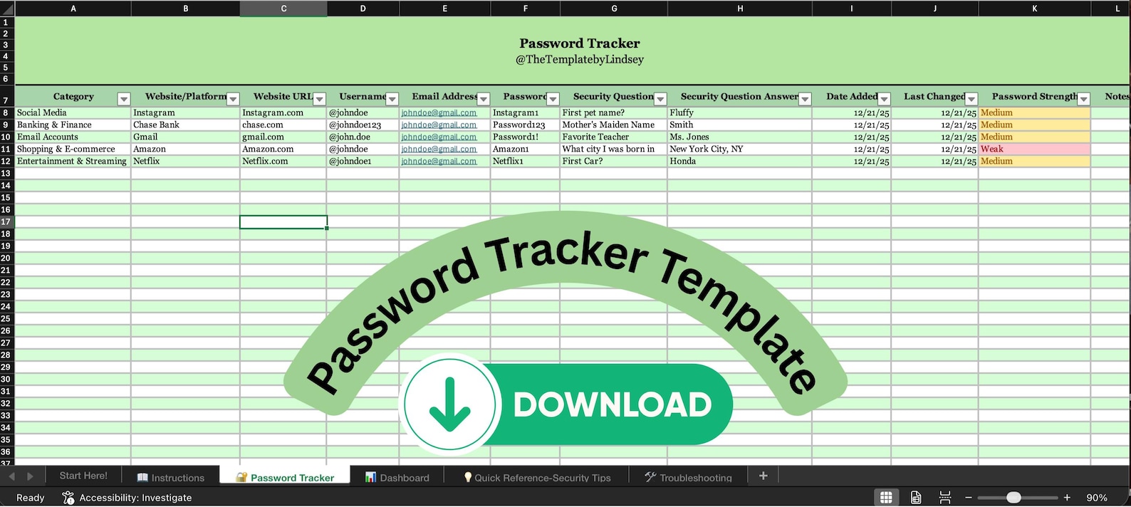 Password Tracker Spreadsheet | Account Organizer | Excel | Password ...