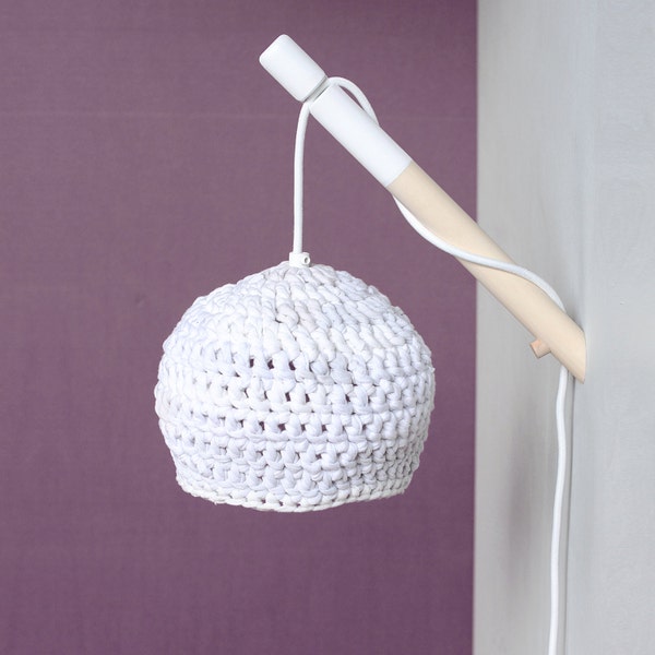 Dipped Wood Wall Lamp With Crocheted Lampshade / White