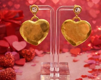 Gold Heart Drop Earrings | Crystal Stud, Hammered Finish