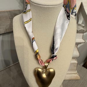 Statement Necklace with Gold Heart Pendant and Silk Scarf Tie
