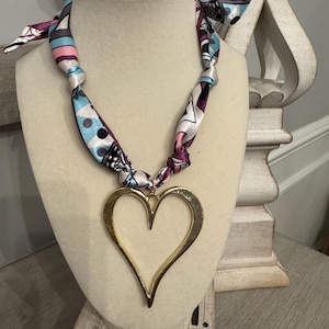 Scarf necklace, large heart, charms