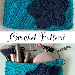 May include: A turquoise crochet pouch with a navy blue flower applique. The pouch is filled with makeup brushes, mascara, perfume, and other cosmetic items. The text "Crochet Pattern" is displayed on the image.