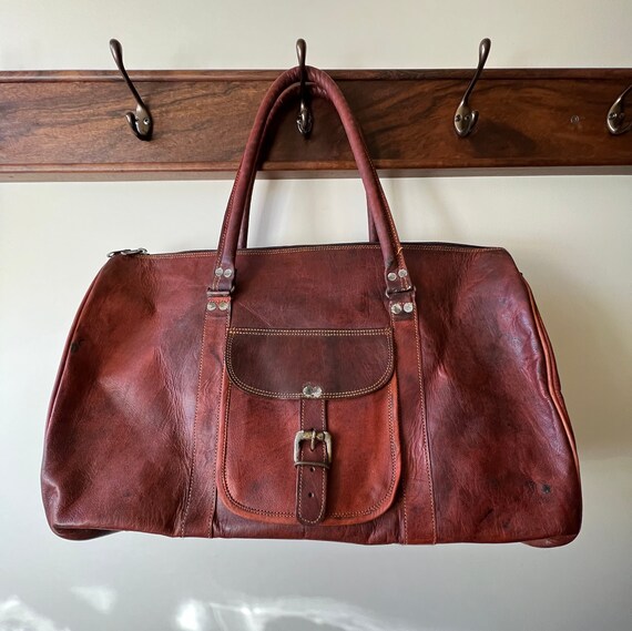 Leather Weekender Bag Triangle Shape Shoulder Str… - image 4