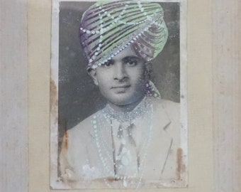 Vintage Photo Midcentury Photo Handpainted Green Turban