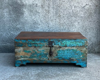 Old Teak Box Turquoise Wooden Merchants Box