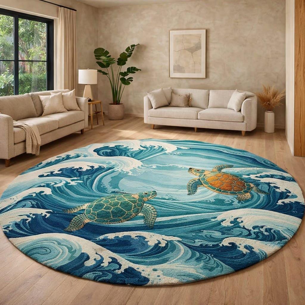 Hand Tufted New Zealand Wool Round Rug, Ocean Wave Sea Turtle Coastal ...