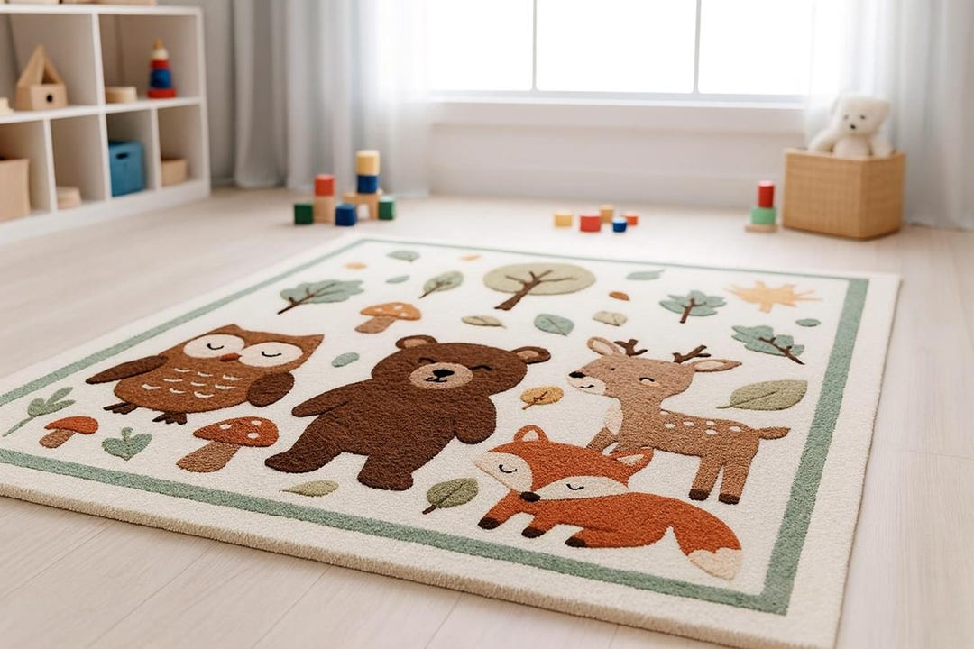 Hand-tufted Wool Kids Rug | Forest Animal Nursery Carpet - Etsy