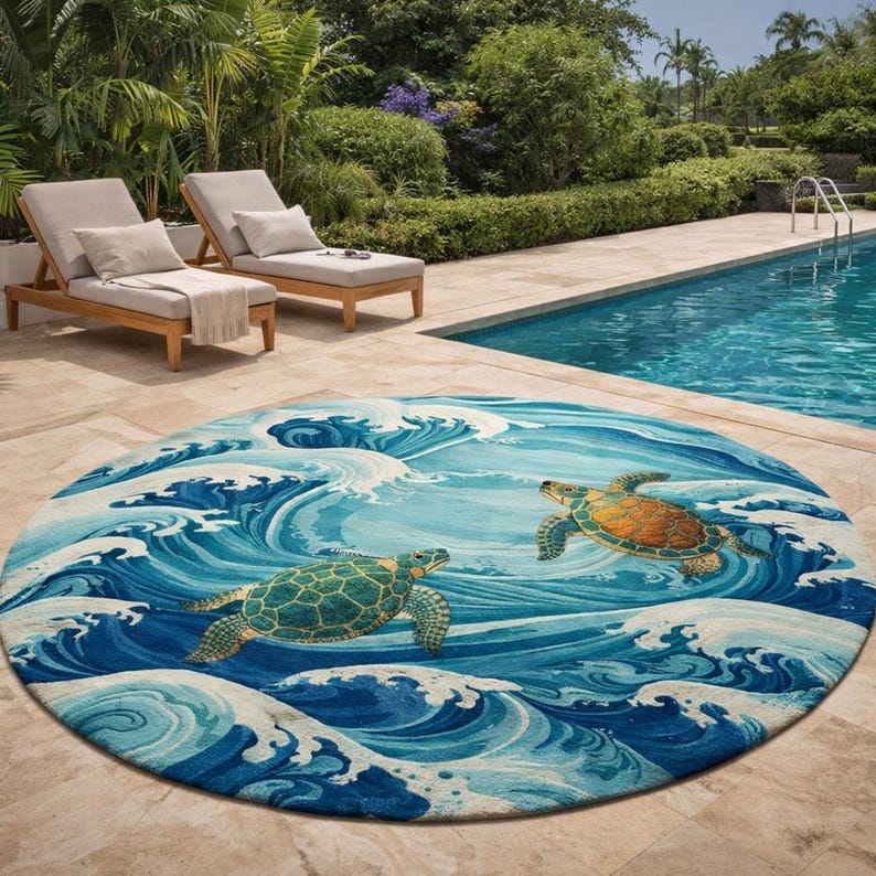 Circle Turtle Rug Hand Tufted New Zealand Wool Round Rug, Ocean Wave Sea Turtle Coastal ...