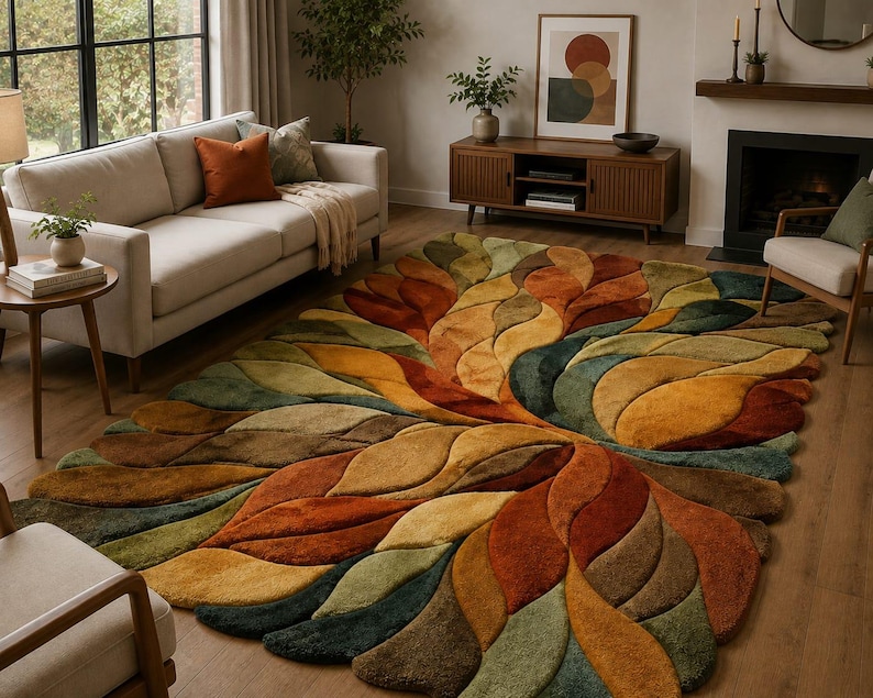 May include: A large rectangular area rug featuring a textured, multi-layered leaf pattern in shades of burnt orange, mustard yellow, olive green, and deep teal. The rug has a thick, plush pile with carved edges that define each individual leaf shape.