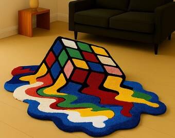 Melting Rubik's Cube Rug: Hand-Tufted Wool Blend 3D Illusion