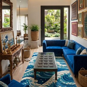May include: A living room featuring a blue velvet sectional sofa, a rectangular coffee table with a glass top, and a large area rug with a blue and white wave pattern. A wooden console table holds brass candle holders and a framed wave art print.