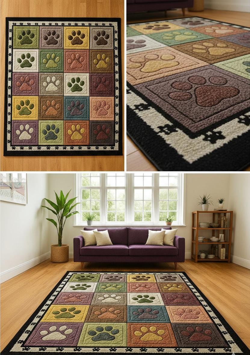 Patchwork Paw Print Area Rug, Hand Tufted New Zealand Wool, Playful Pet ...