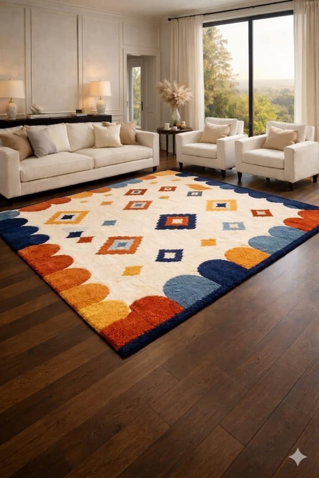 Hand-tufted Wool Rug – Scalloped Edge Boho Geometric Carpet ...