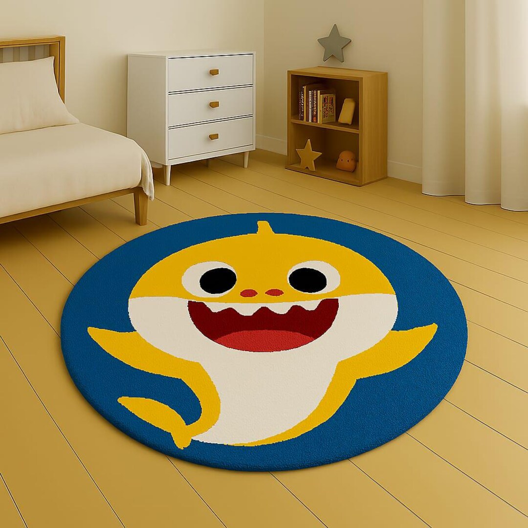 Baby Shark Rug Hand Tufted Rug– Cute Cartoon Round Carpet for Kids Room ...