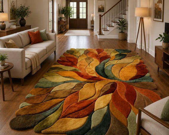 Colorful Leaf Area Rug, Hand Tufted Botanical Rug, Organic Shape Living Room Rug
