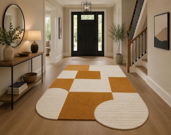 Tappeto astratto color crema senape, tappeto geometrico moderno in lana, tappeto dalla forma organica per soggiorno, decorazione contemporanea per l'ingresso.