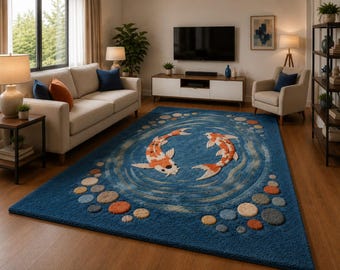 Tapete com estampa de carpas koi, tapete de lã tufado à mão, tapete zen japonês, tapete com estampa de lago azul, tapete de luxo para sala de estar, decoração costeira, tapete sob medida.