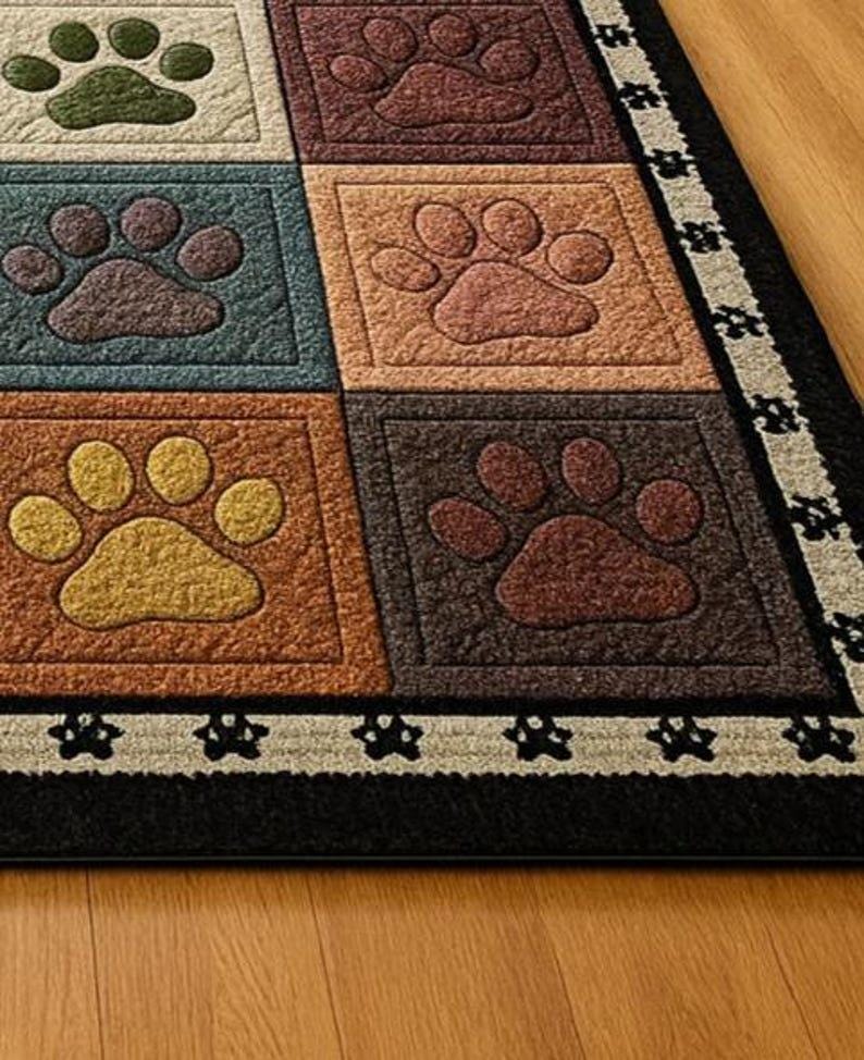 Dogtooth Rug Patchwork Paw Print Area Rug, Hand Tufted New Zealand Wool, Playful Pet ...
