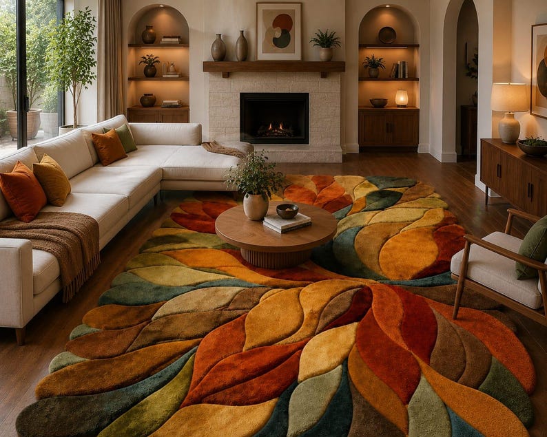 May include: A large area rug featuring a textured, multi-layered leaf pattern in shades of burnt orange, mustard yellow, deep olive green, and teal. The rug has a thick, plush pile with carved edges that define each individual leaf shape.