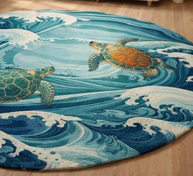 Hand Tufted New Zealand Wool Round Rug, Ocean Wave Sea Turtle Coastal ...