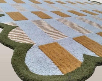 Scalloped Border Geometric Rug - Hand Tufted Blue & Mustard Area Rug - New Zealand Wool Plaid Checked Carpet