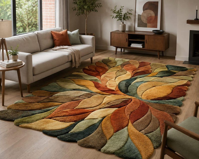 May include: A large rectangular area rug featuring a three-dimensional, sculpted leaf pattern in a palette of burnt orange, mustard yellow, deep forest green, and earthy brown tones, with a thick, plush texture and layered, overlapping organic shapes.